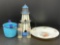 Small Blue Enamelware Pail, Lead Glass Lighthouse, 2 Mini Coke Bottles, French Floral Plate