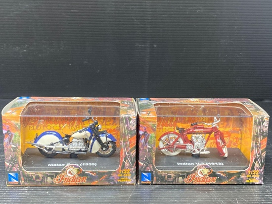 1939 Indian Four and 1912 Indian V-2 Die Cast Motorcycles in Original Boxes