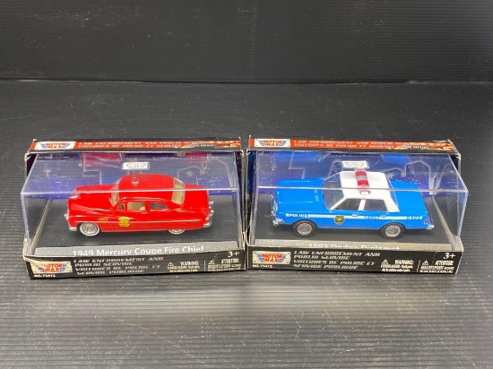 Motor Max 1949 Mercury Coupe Fire Chief and 1983 Dodge Diplomat in Original Boxes