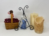 Small Longaberger Basket, Angel Figure, Plate Stand, 2 Candles