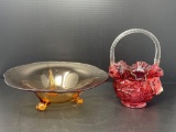 Fenton Cranberry Basket with Tag and Amber Glass Footed Bowl