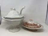 Ironstone Tureen with Ladle and Transferware Lidded Vegetable Dish