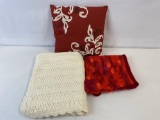 2 Crocheted Blankets and Decorative Throw Pillow