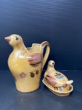Hand Painted Pottery Bird Creamer and Lidded Butter Dish