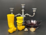 Candelabra, Plastic Boot, Plastic Jiminy Cricket, Cranberry Bowl, Pair of Wooden Shoes, Cups/Saucers