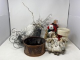 Byers' Choice Caroler, Metal Sleigh, Metal Mesh Tree Container, Papier Mache Boot and Figure