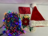 Christmas Lights, Poinsettia Stocking and Santa Hat