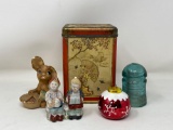 Oriental Motif Tin, Pair of Figures, Rabbit Figure, Christmas Ornament, Glass Insulator