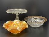 Glass Cake Stand, Carnival Ruffle Edge Bowl and Glass Bowl with Gold Band