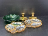Pair of Brass Candlesticks, Pair of Iridescent Leaf Plates and Green Fluted Bowl
