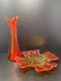 Colored Art Glass Floral Plate and Tall Vase