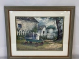 Framed Print of Wagon with Flowers and Birdhouse by Picket Fence