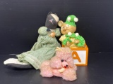 Crocheted Poodle, Stuffed Skunk Doll and Teddy on Block