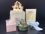 Goose Figure, Jesus Plaque, Glass Ring Holder, Glass Shoe & Lidded Box with Gazebo Lid