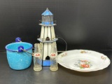 Small Blue Enamelware Pail, Lead Glass Lighthouse, 2 Mini Coke Bottles, French Floral Plate