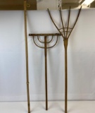 Wooden Flag Pole, Wood Tooth Rake, and 4 Tine Hay Fork