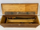 Vintage Wooden Tools Box with Level, Saw, Hand Drill and Paintbrush