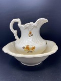 Pitcher & Bowl Set- White with Gold Floral Motif