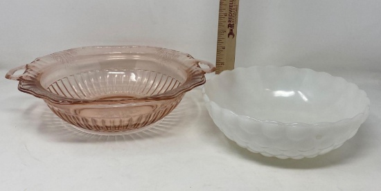 Pink Depression Glass Bowl and Milk Glass Bowl