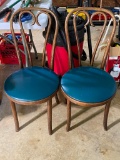 2 Wooden Ice Cream Parlor Chairs with Blue Vinyl Seats