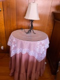 Particle Board Round Table with Cover, Lace, Glass Top and Metal Base Table Lamp with Fabric Shade