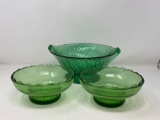 3 Green Glass Pedestal Bowls- 2 Matching and Other Large Bowl
