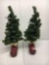 2 Primitive Miniature Christmas Trees in Santa Boots- Both with Lights
