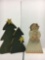 Wooden Double Christmas Tree Decoration and Wooden Girl Figure with Spanish Moss Hair