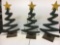 3 Wooden Abstract Christmas Trees with Star Tops, One with Jingle Bells
