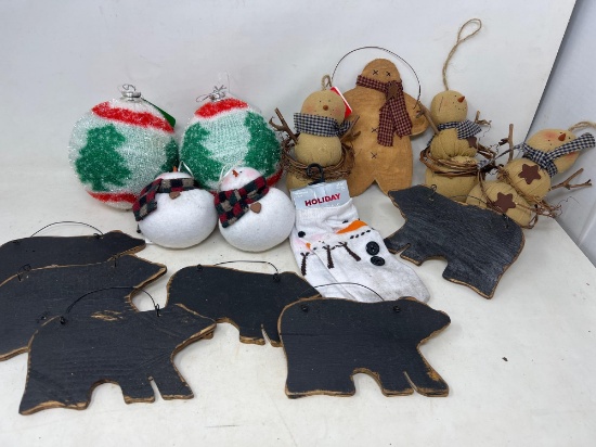 Ornaments- Wooden Bears , Stuffed Snowmen, Sweater Covered Balls and Snowman Socks