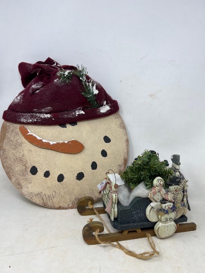 Round Wooden Snowman Face with Hat and Decorated Wooden Sleigh