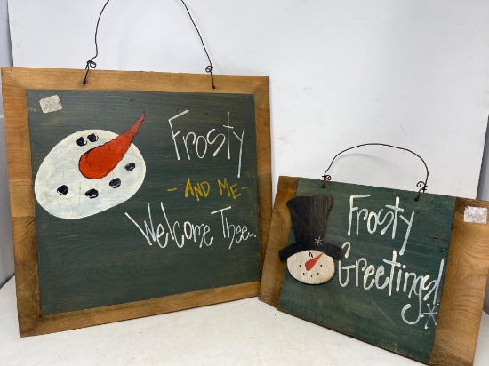 2 Snowman Signs "Frosty and Me Welcome Thee" and "Frosty Greetings"