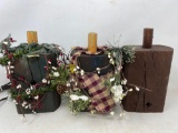 3 Primitive Wood Block Candle Holders-2 with Decorative Accents