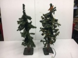 2 Primitive Miniature Christmas Trees- One with Lights & Jingle Bells