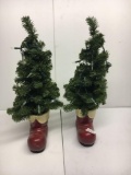 2 Primitive Miniature Christmas Trees in Santa Boots- Both with Lights