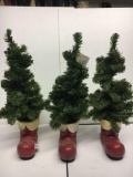 3 Primitive Miniature Christmas Trees in Santa Boots