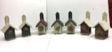 7 Miniature Wooden Birdhouses with Checkerboard Bases