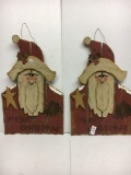 2 Wooden Santa Bust Ornaments 