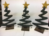 3 Wooden Abstract Christmas Trees with Star Tops, One with Jingle Bells