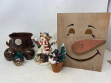 Wooden Snowman Face Box, Metal Bucket and Reindeer Jingle Bells, and 3 Snowman Figures s