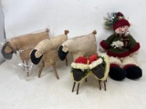 Sheep Decorations- Some Dressed, Some Plain and Stuffed Snowman with Green & Red Sweater