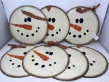 7 Painted Metal Snowman Face Decorations with Plaid Hangers