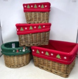 4 Woven Baskets with Christmas Liners- 3 Rectangular and 1 Round