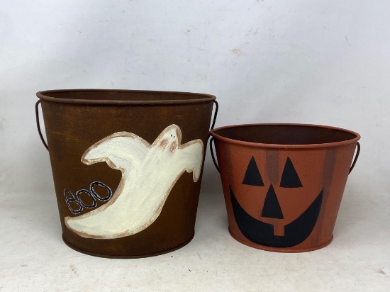 2 Metal Pails- One with Ghost, Other Painted as Jack-O-Lantern