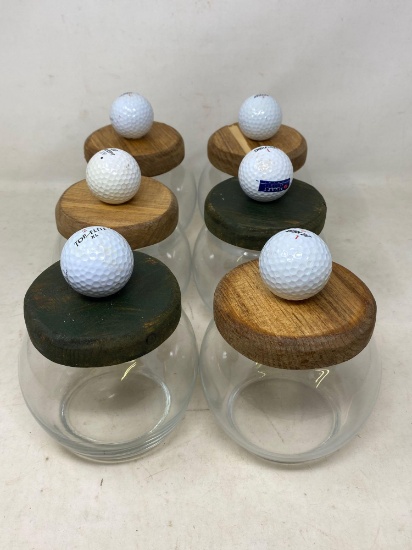 6 Glass Jars with Chunky Wooden Lids with Golf Ball Finials