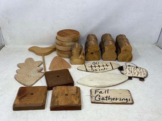 Wooden Figure & Round Cut-Outs, Bases, Football Shapes, Sheep Ornament and "Fall Gatherings" Sign