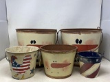 5 Metal Pails- 3 Painted as Jack-O-Lanterns, 2 Others with Patriotic Themes- Chicken &