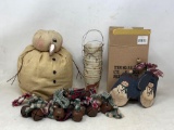 Large Stuffed Snowman, Jingle Bell Ornaments, Stack of Miniature Snowman Pails, Mitten Ornaments