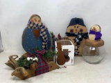 Decorated Wooden Sled, 2 Wooden Snowman Decorations, Candle Box and Glass Jar with Snowman on Lid