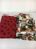 2 Large Pieces of Fleece Fabric- Dog Paw Prints and Dogs in Santa Hats